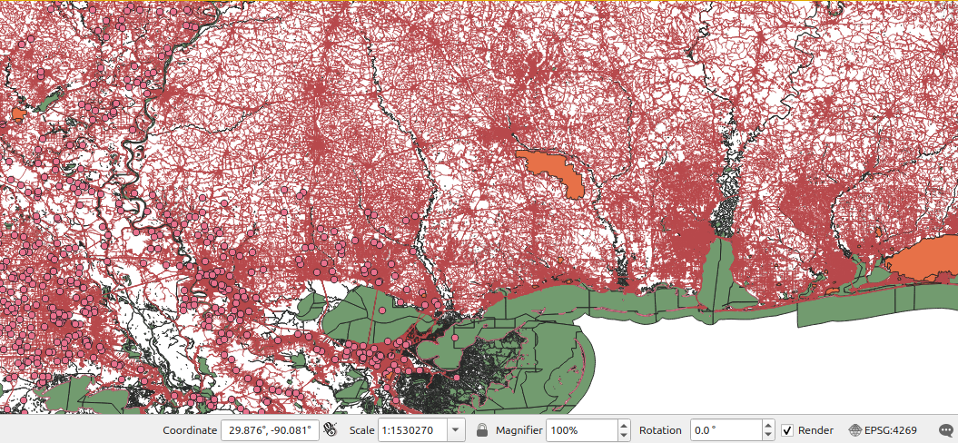 New Orleans parcels overlaid on coastal wetlands rendered from TigerLine PostGIS
