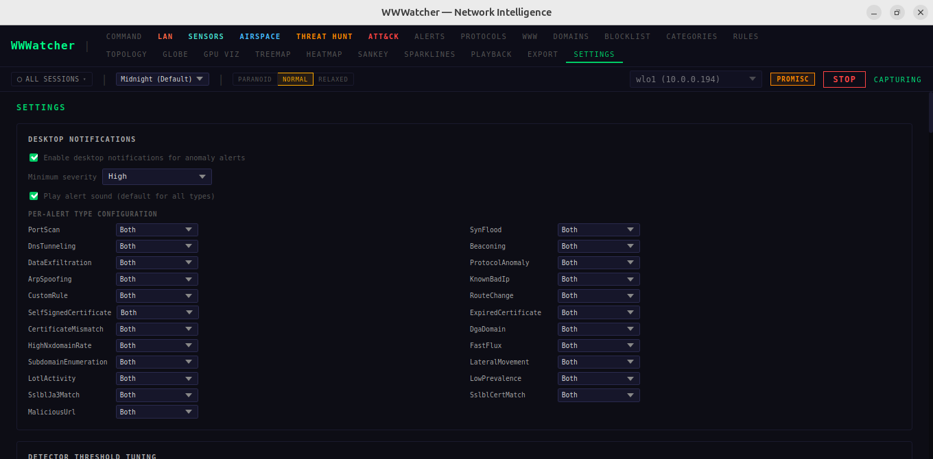 Settings panel detector configuration